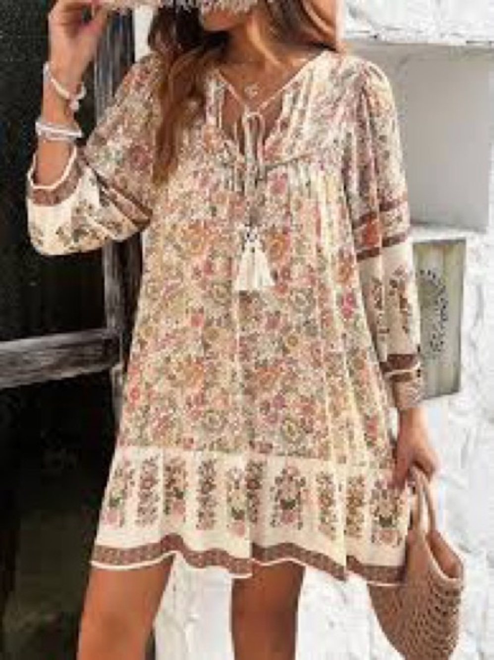 Breezaya SHEIN Babydoll Full Print Tie Neck Mini Dress Sz M